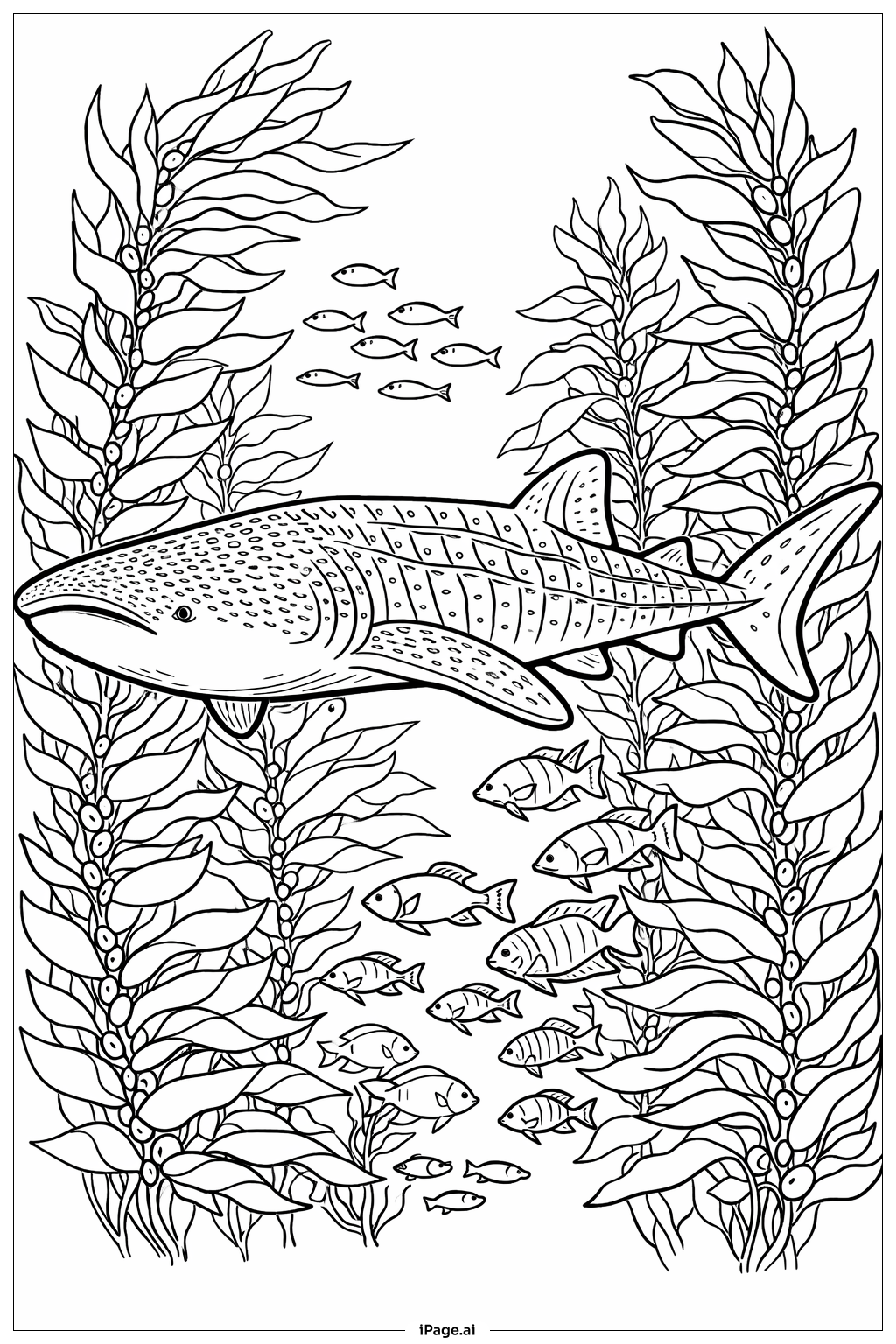  带海带森林的鲸鲨填色页 