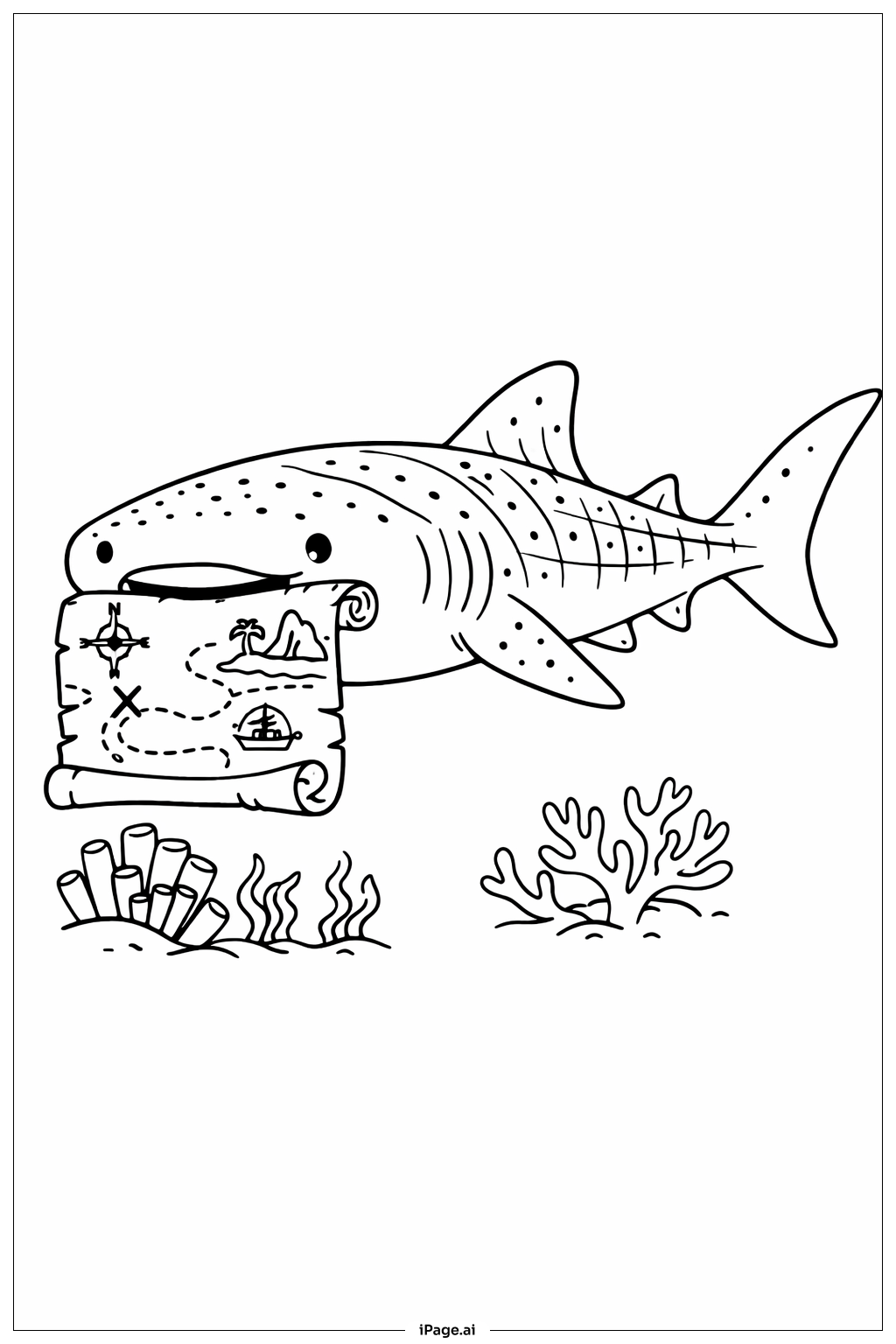  Página para colorear de Tiburón ballena con mapa 