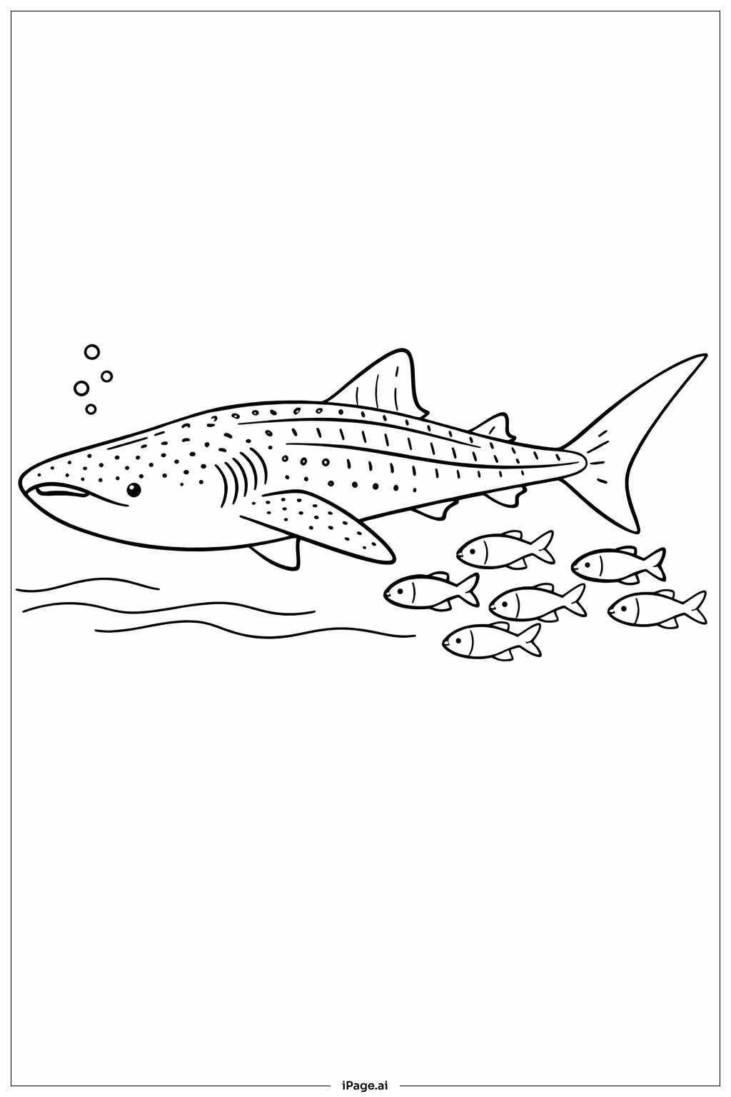 Página para colorear de Tiburón ballena con banco de peces