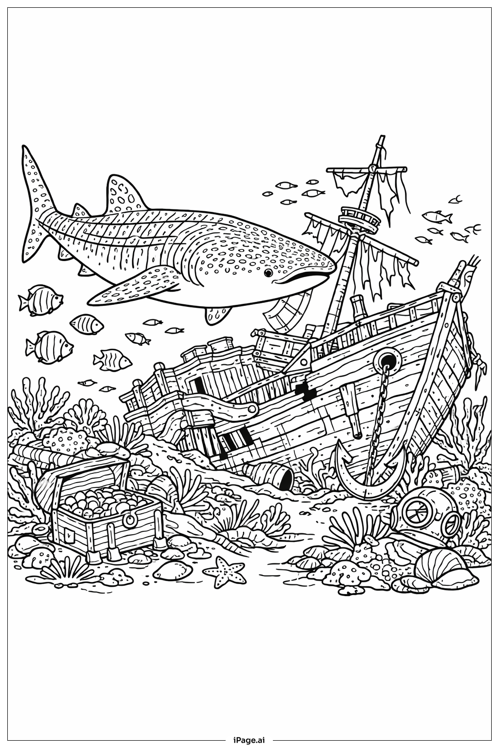 Walhai mit Schiffswrack Ausmalseite 