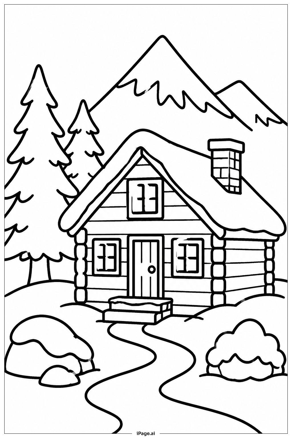  Page de coloriage Chalet de montagne en hiver 