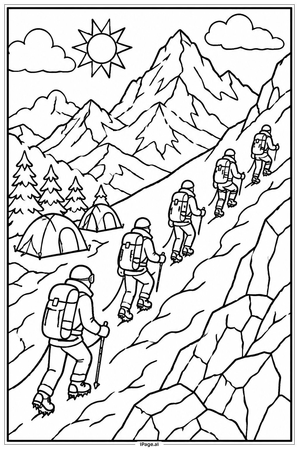  Página para colorear de Expedición de Montaña en Invierno 
