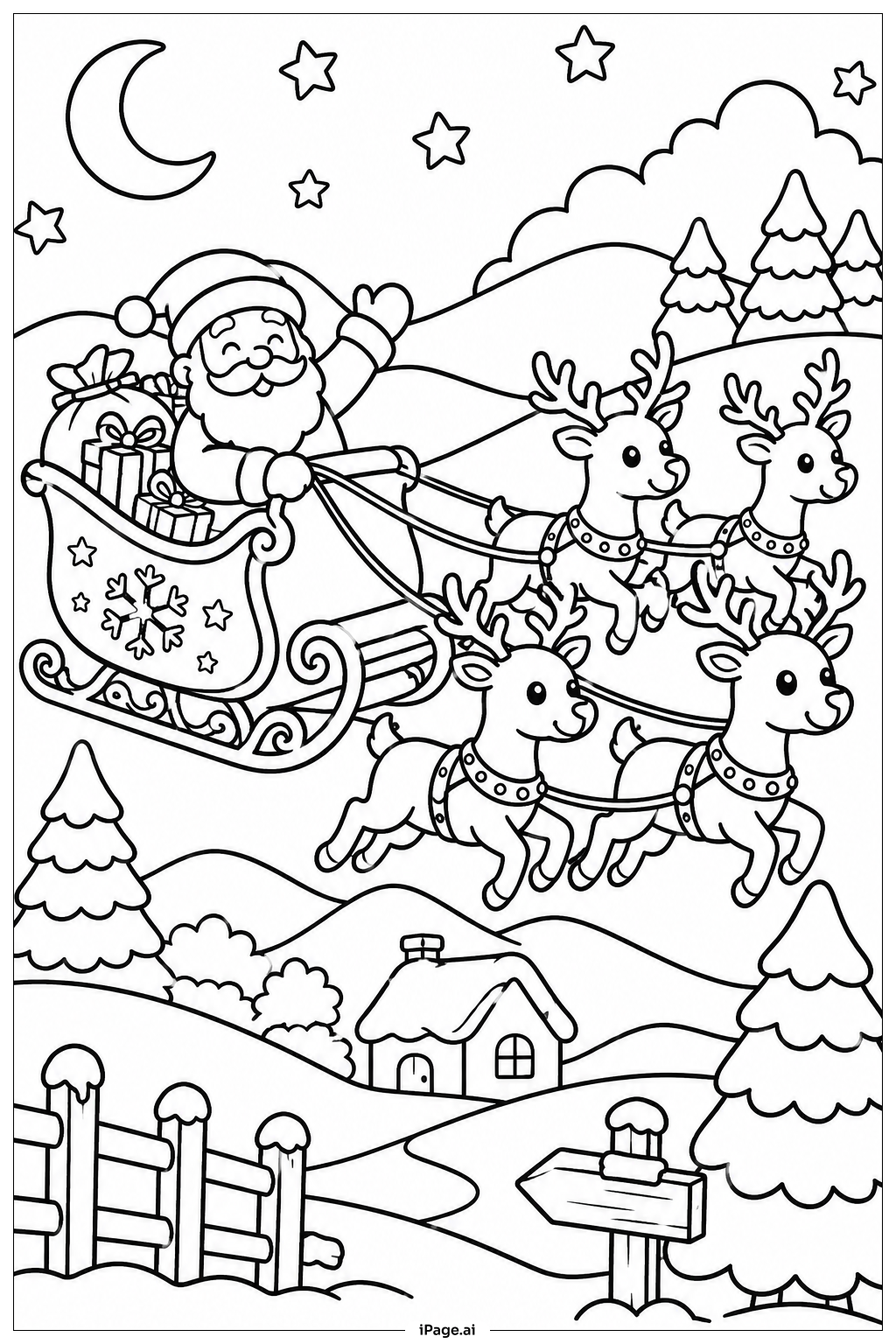  Página para colorir de Trenó de Rena de Inverno 