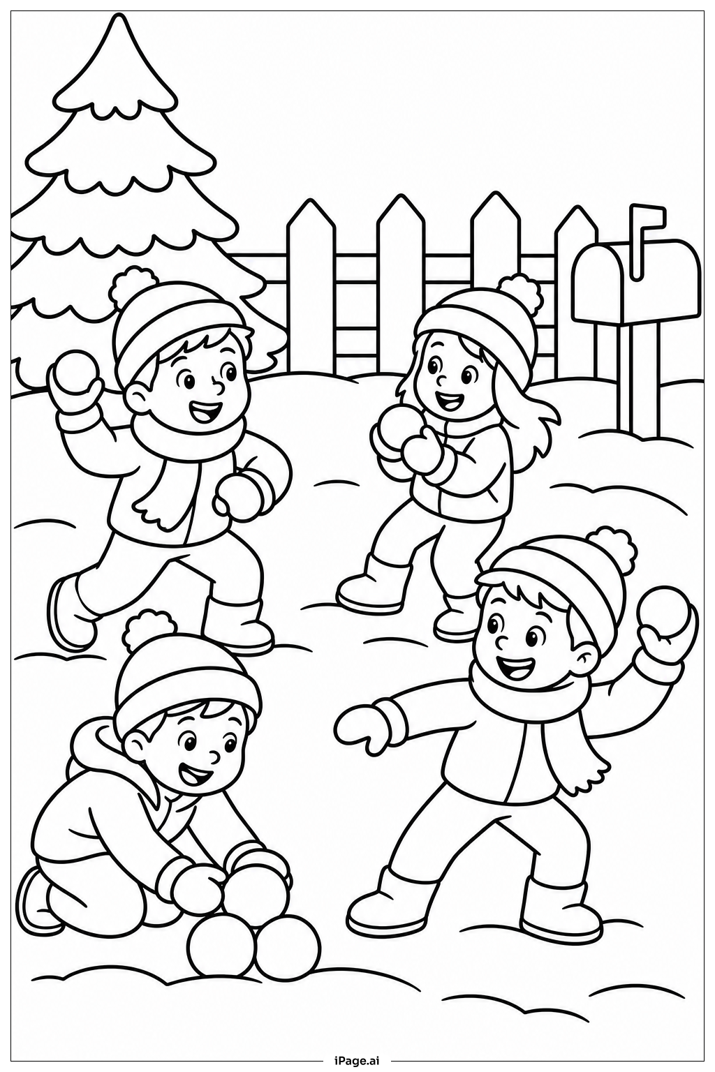  Page de coloriage Bataille de boules de neige d'hiver 