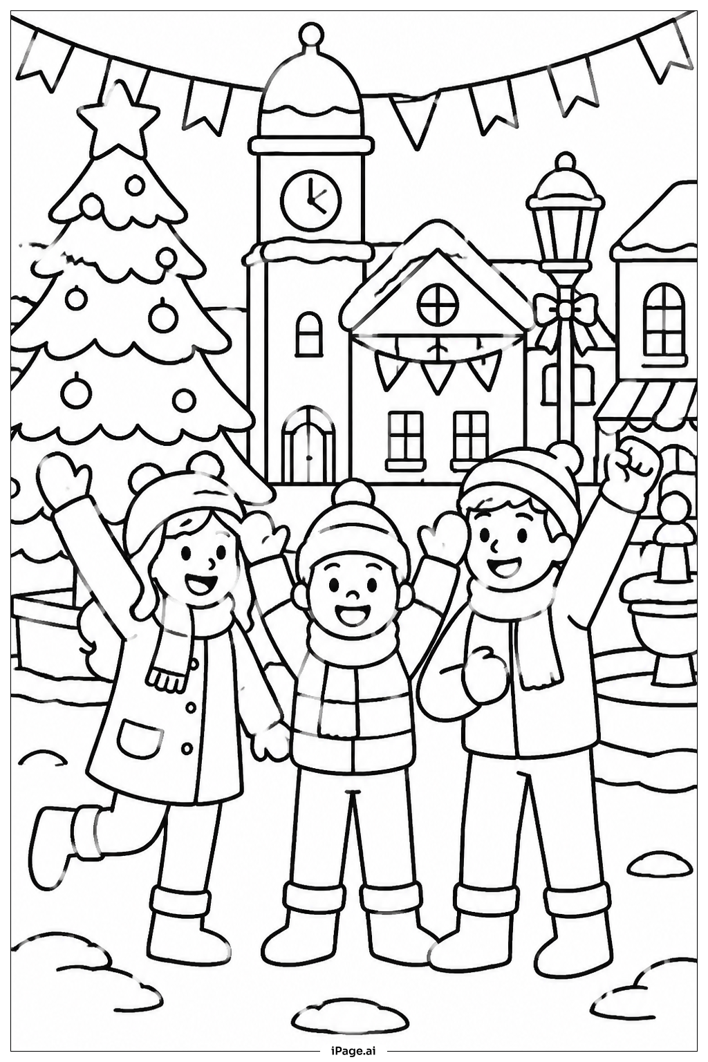  冬の村の祭りの塗り絵ページ 