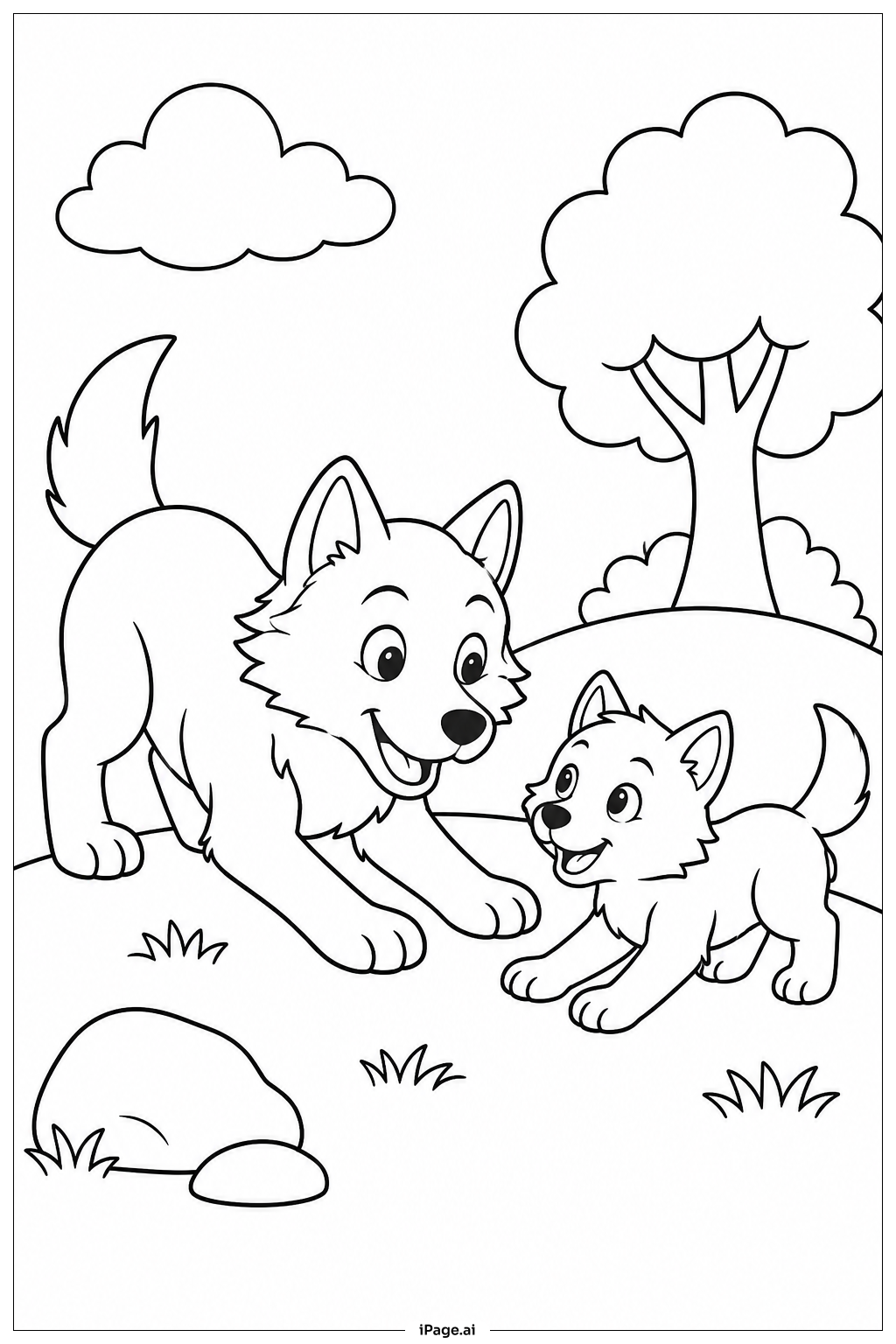 オオカミの親子の遊びの塗り絵ページ