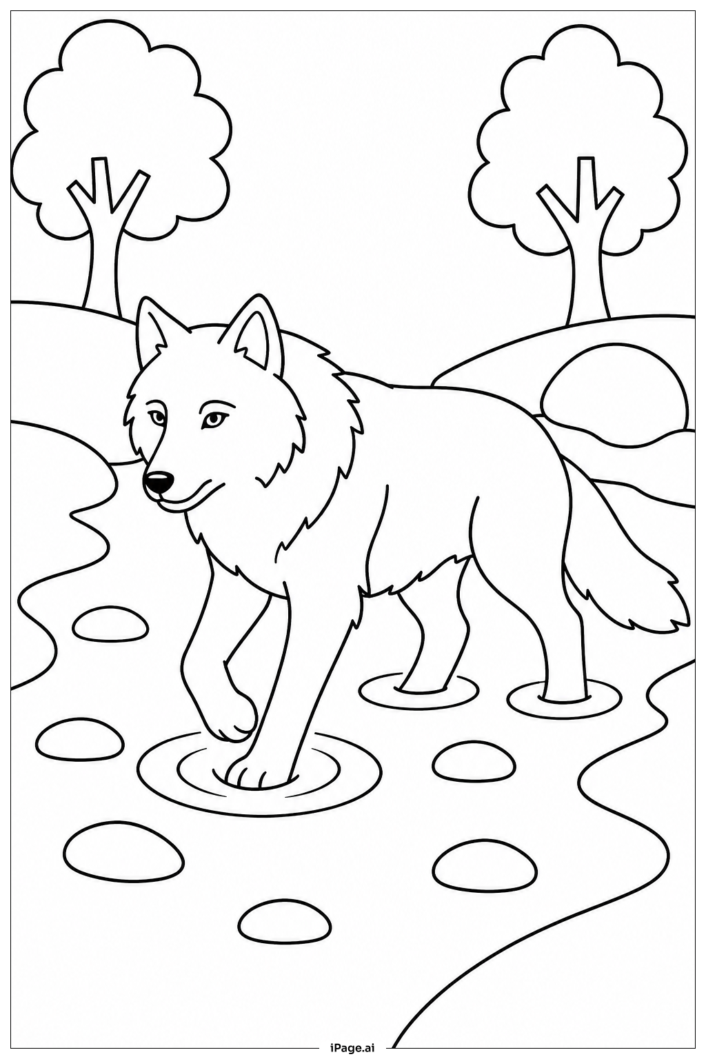  Wolf At Stream Crossing Coloring Page 