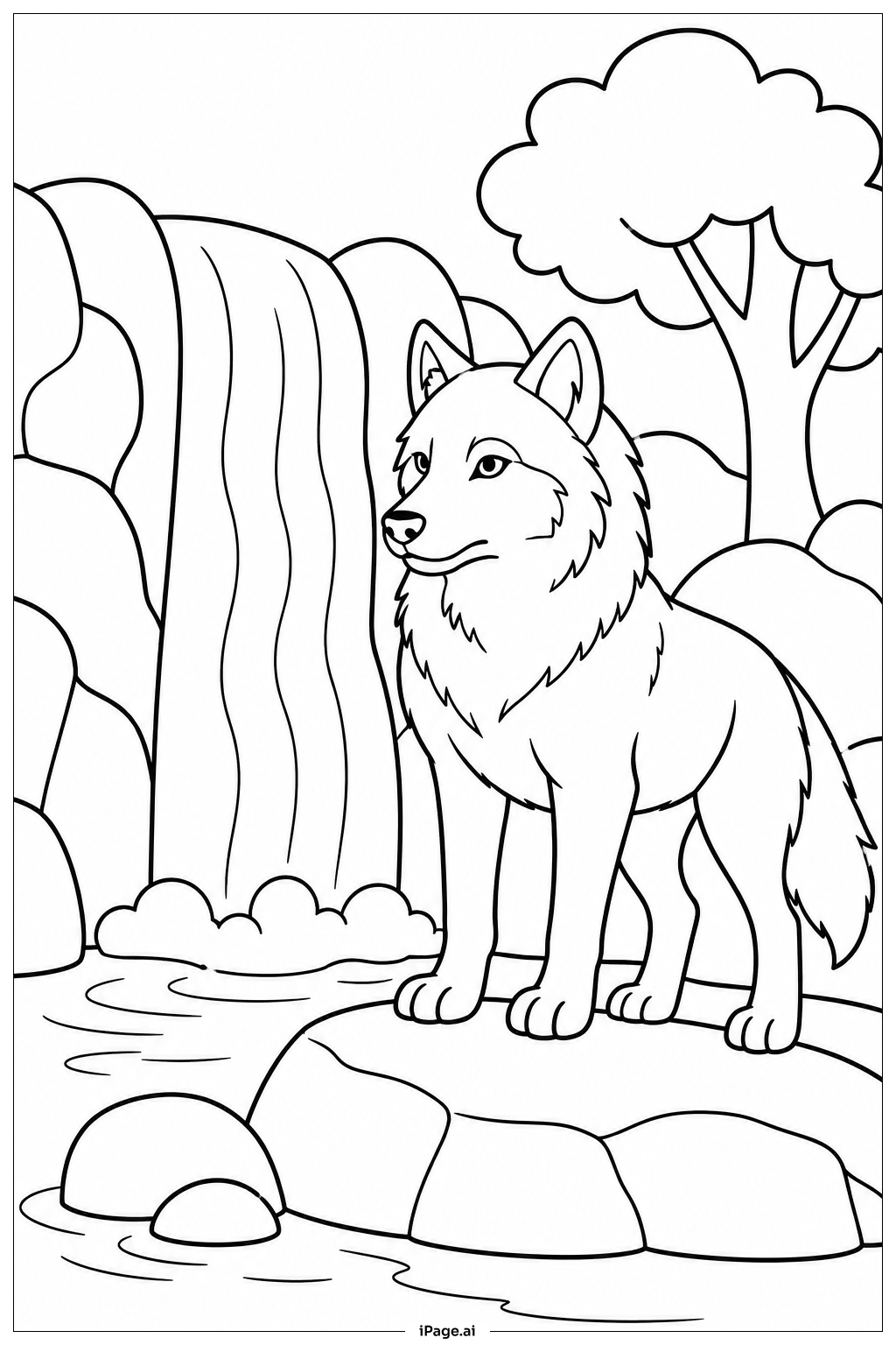  Wolf By Waterfall Coloring Page 