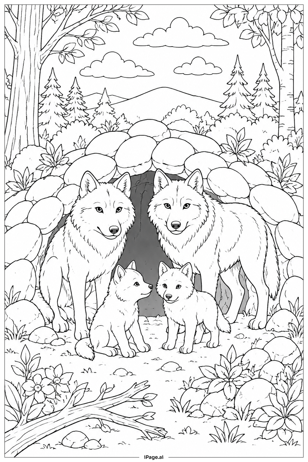 Página para colorear de Familia de lobos en la entrada de la madriguera