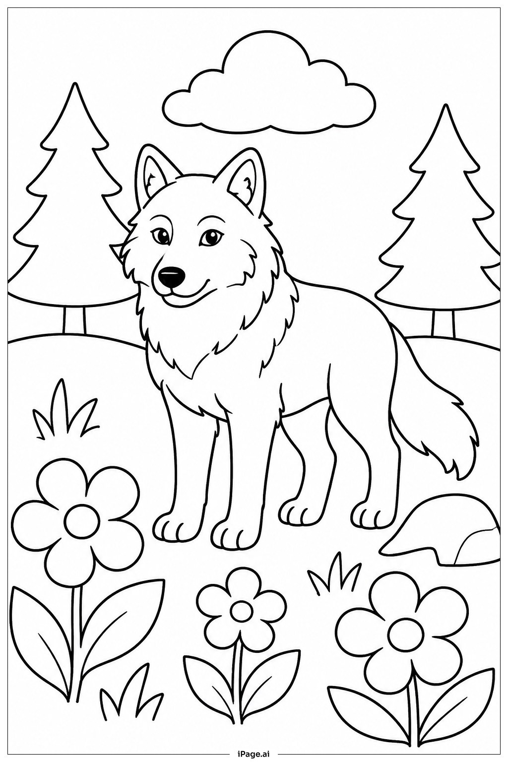野原の花畑の中のオオカミの塗り絵ページ