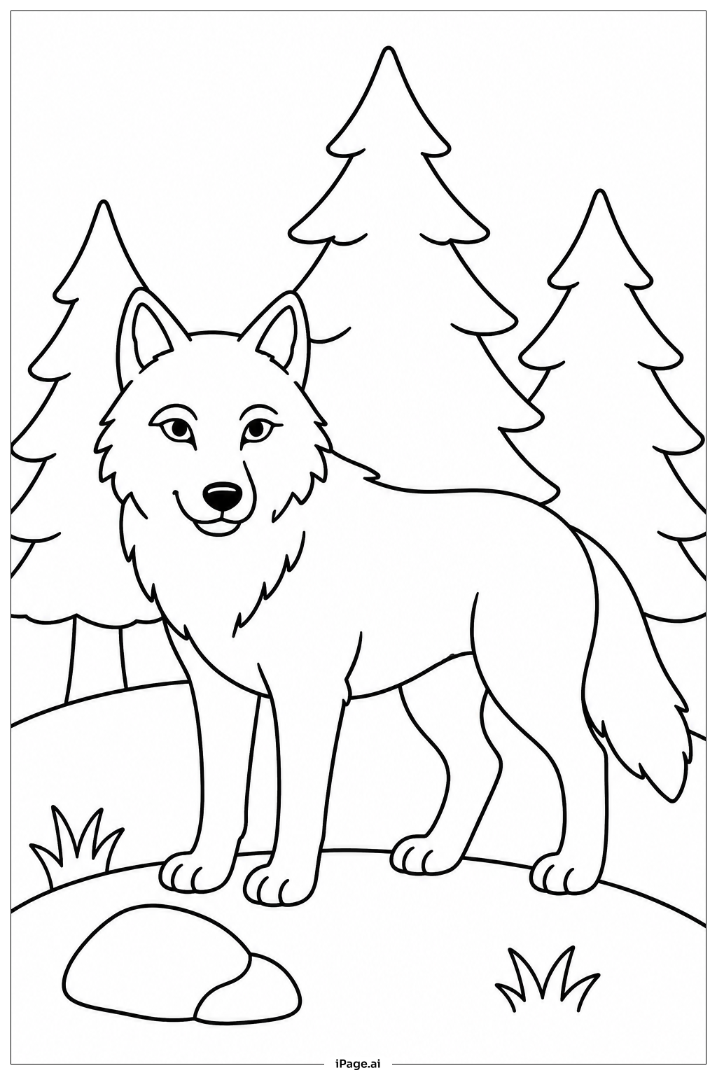 Página para colorir de Lobo Perto de Pinheiros