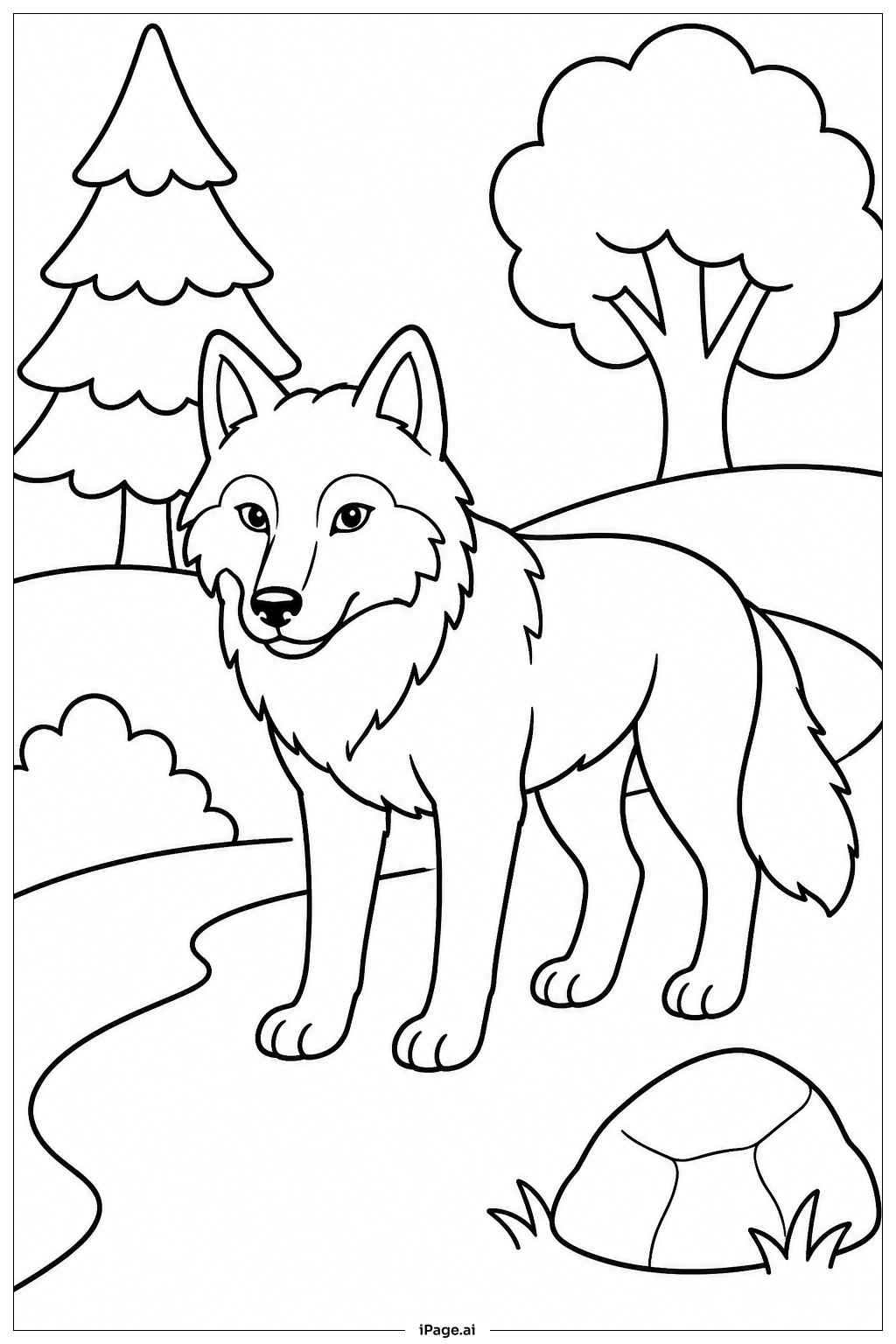 Wolf auf Waldweg Ausmalseite