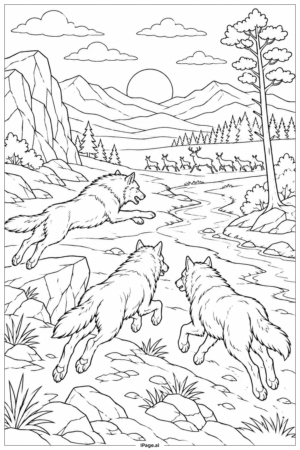  Wolf Pack Hunting Scene Coloring Page 
