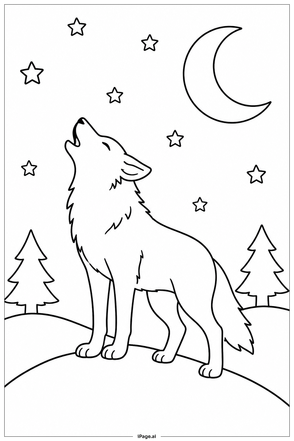 星空の下のオオカミの塗り絵ページ