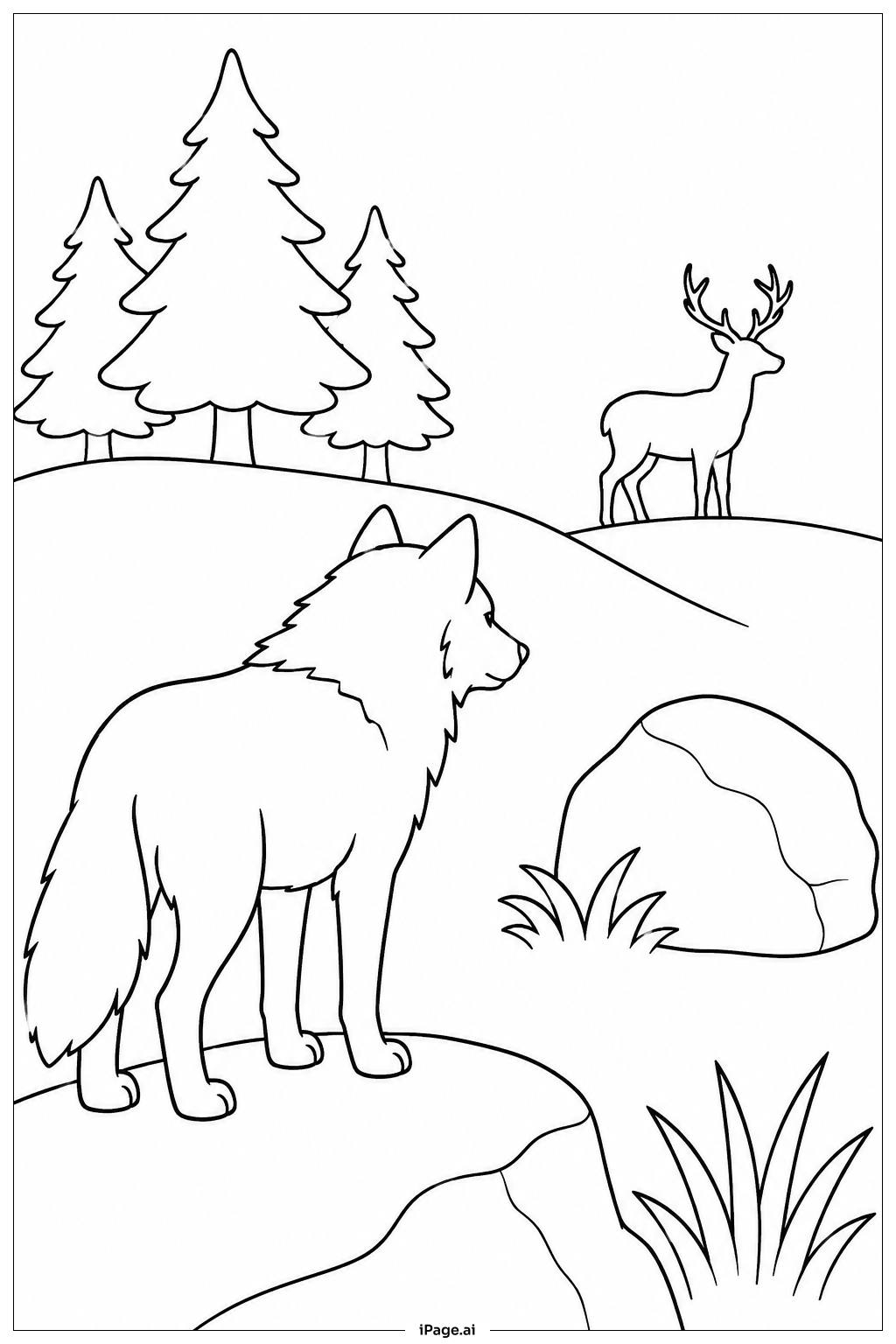  Wolf Watching Deer Coloring Page 