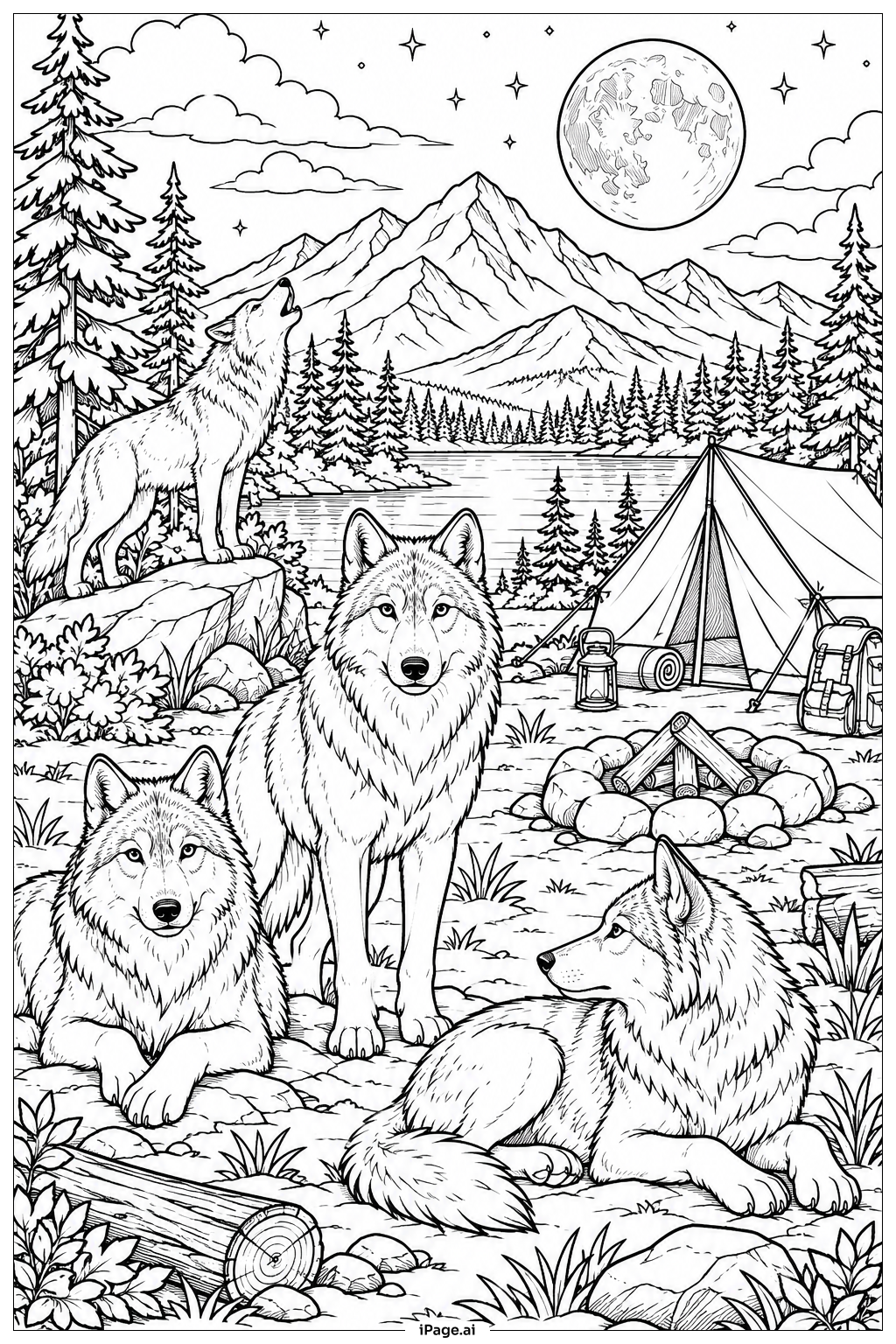 月明かりのキャンプの狼たちの塗り絵ページ