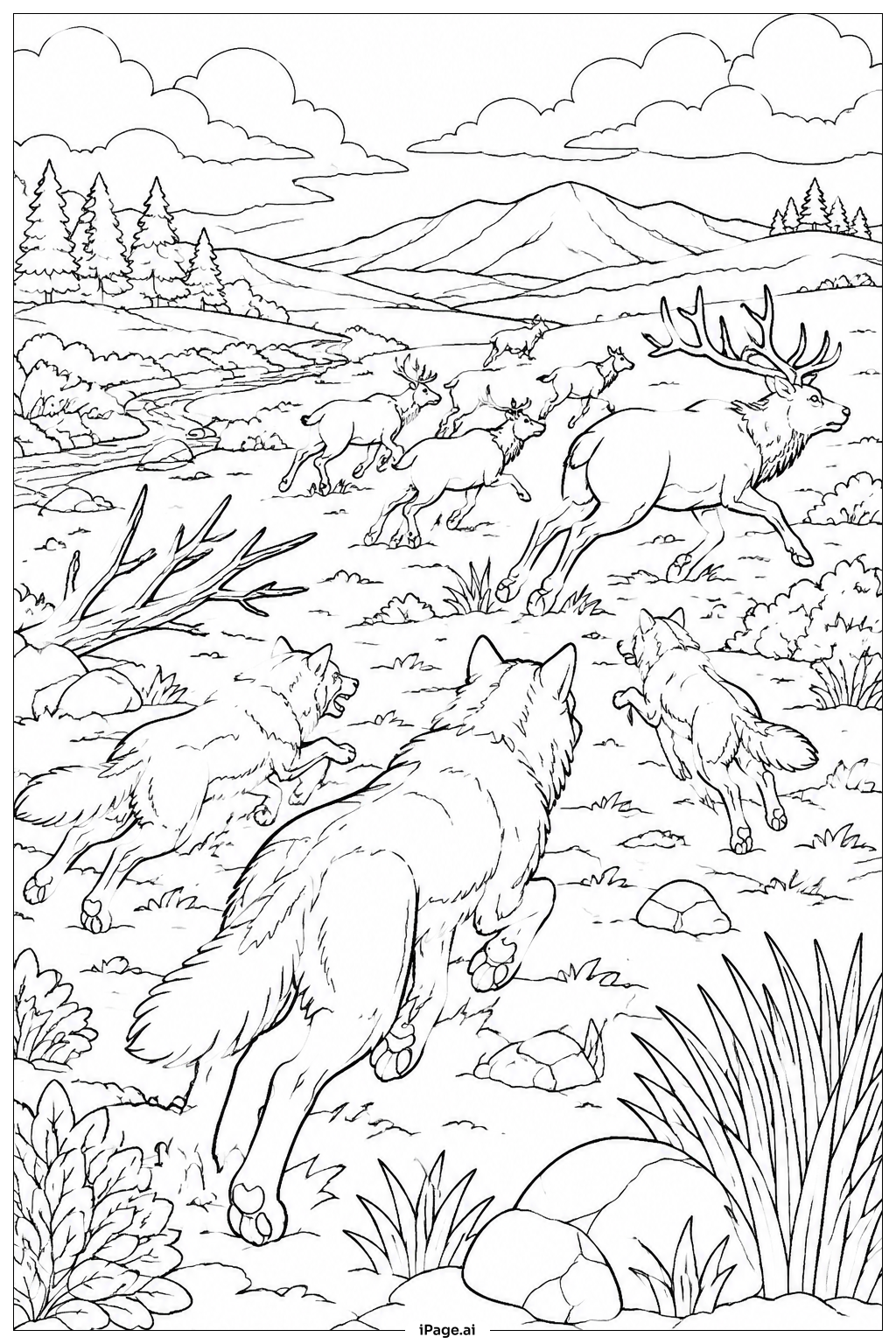 Página para colorear de Lobos Persiguiendo Manada de Alces