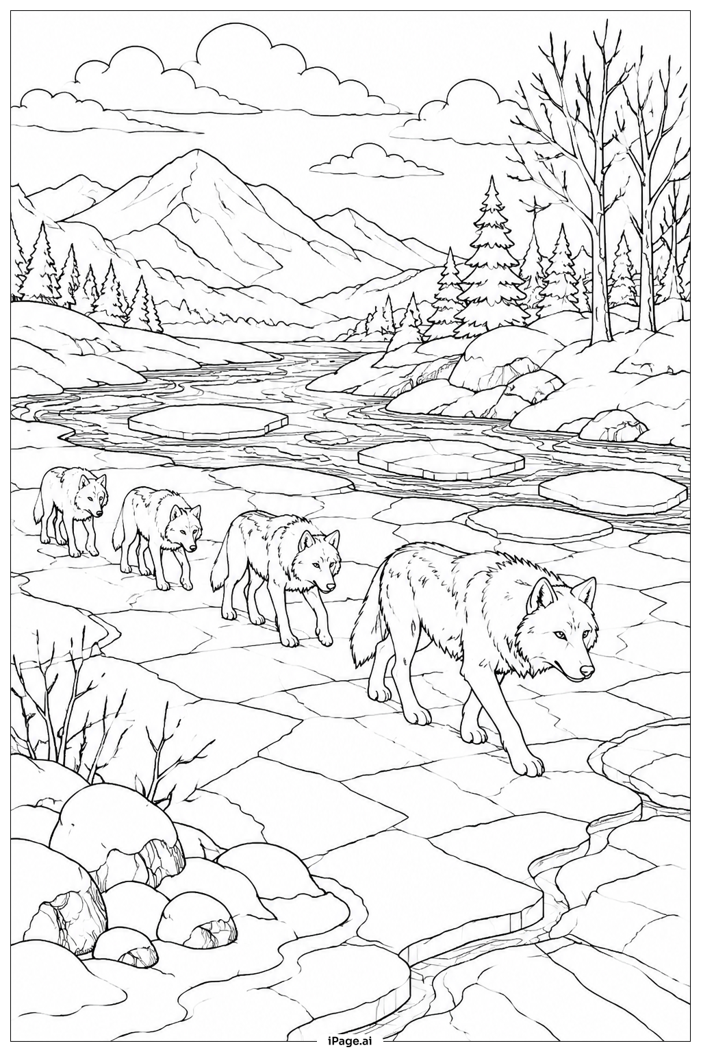 Página para colorear de Lobos Cruzando un Río Helado