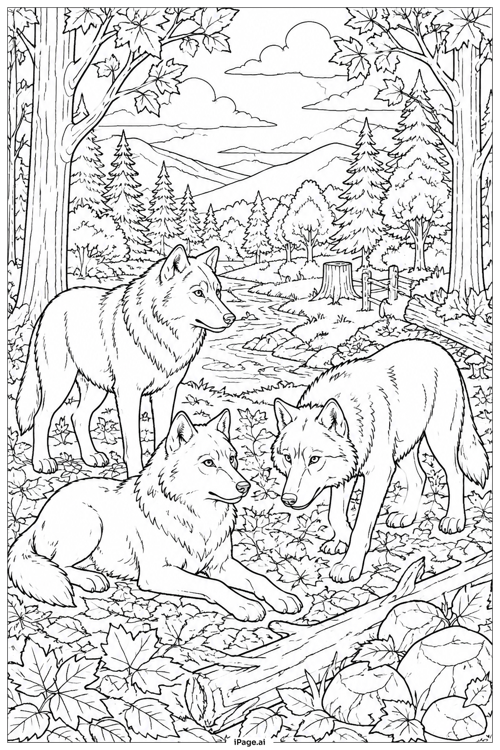 Página para colorear de Lobos en el Bosque de Otoño