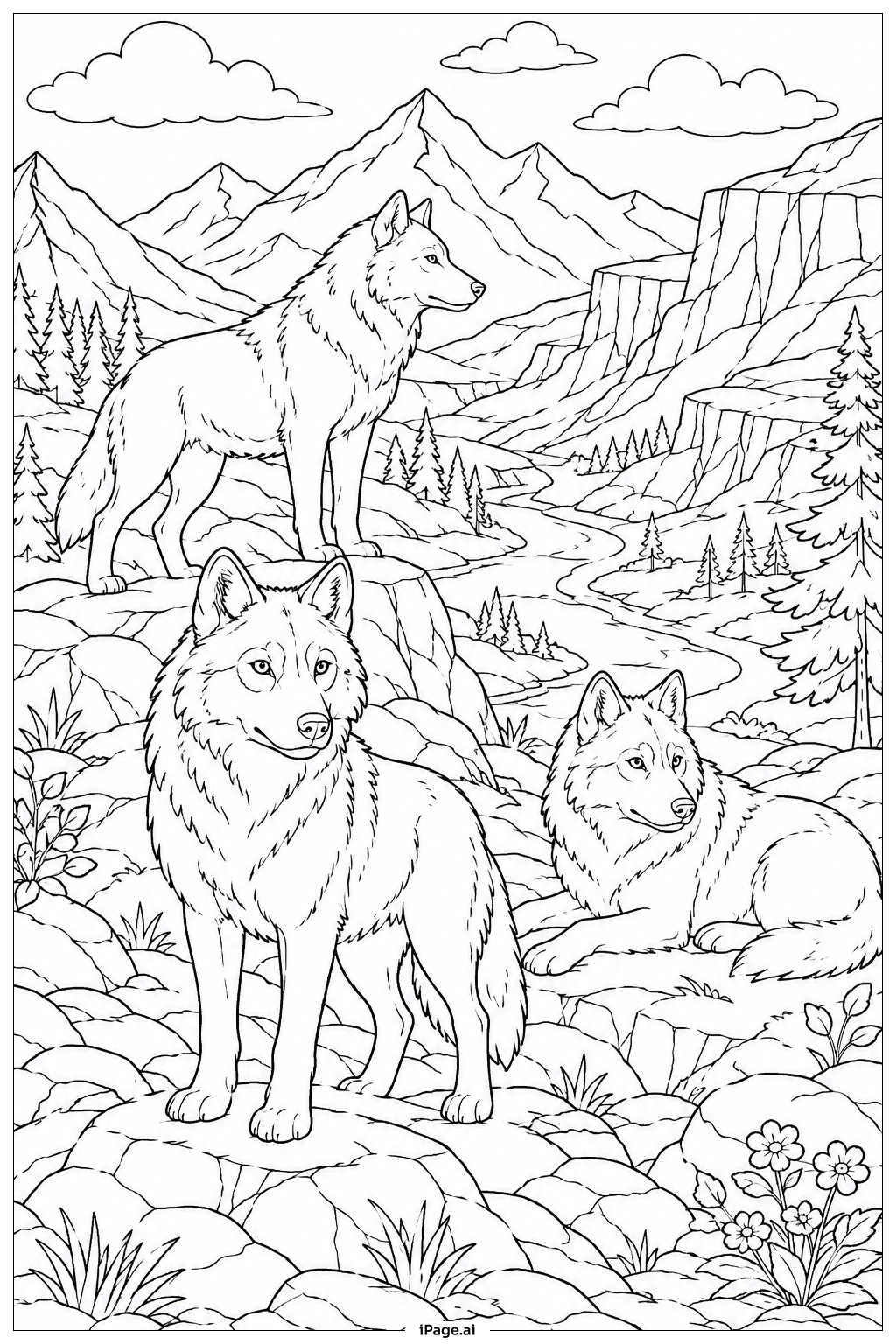 Página para colorir de Lobos no Vale da Montanha