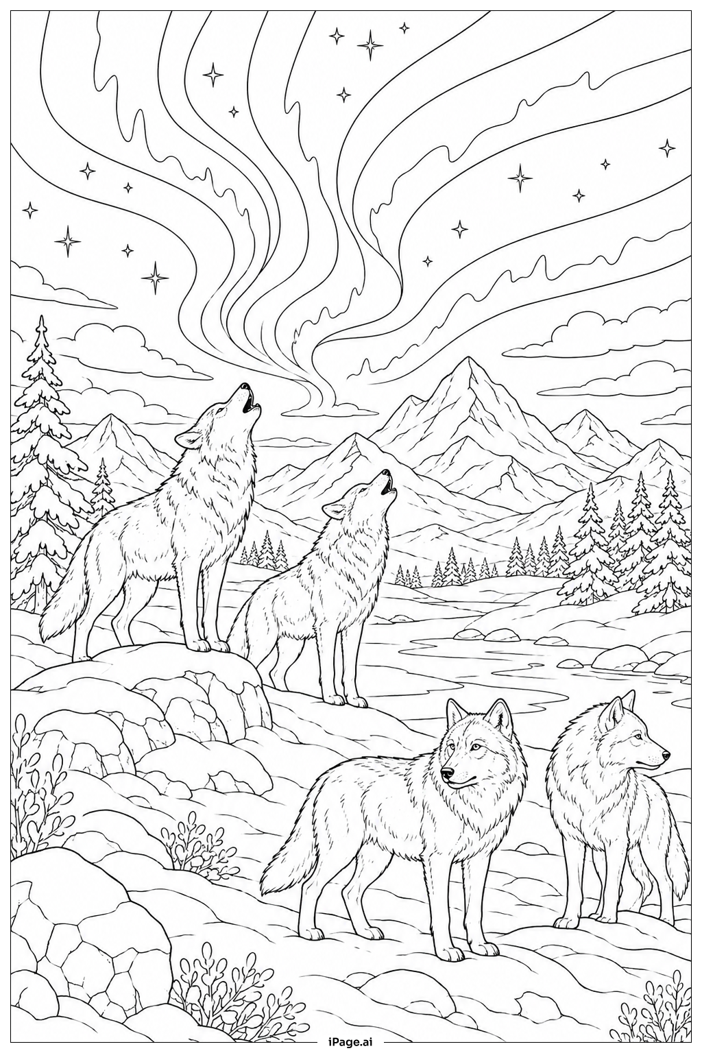 Página para colorear de Lobos Bajo la Aurora Boreal