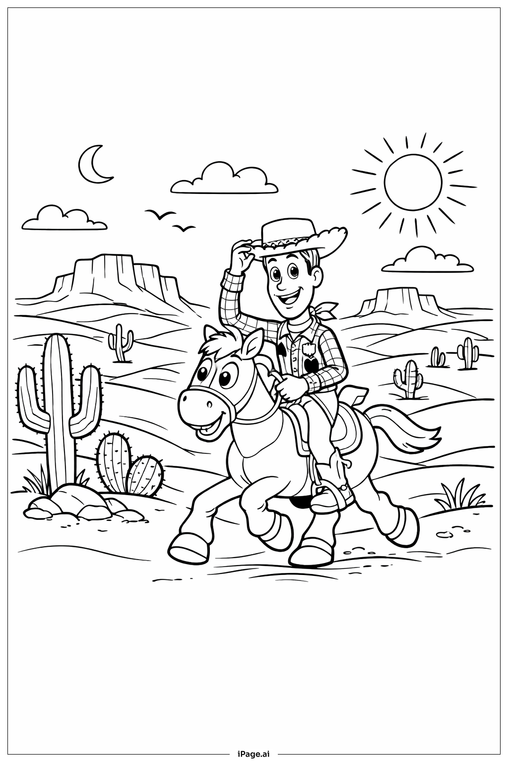  Page de coloriage Woody chevauchant à travers le désert 