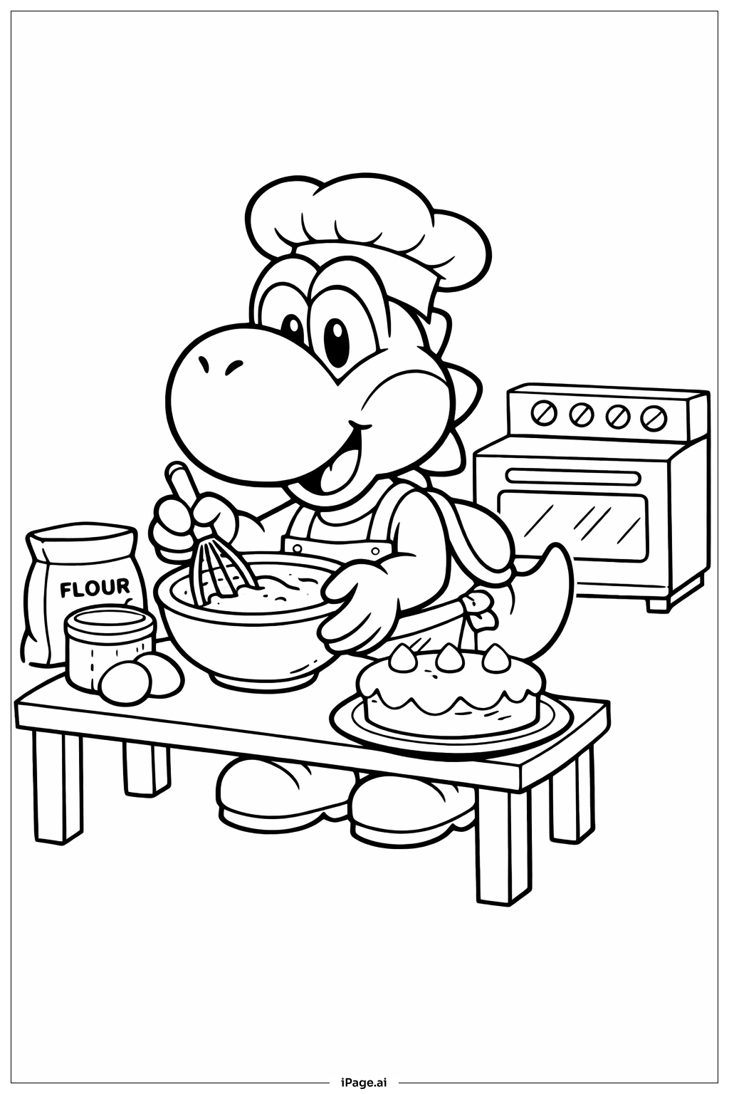 Page de coloriage Yoshi prépare un gâteau 