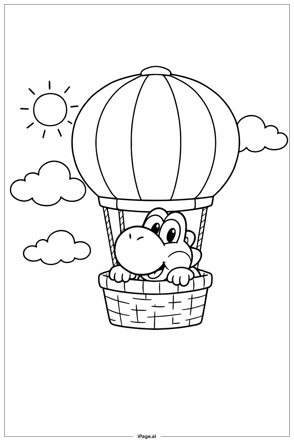  熱気球に乗ったヨッシーの塗り絵ページ 