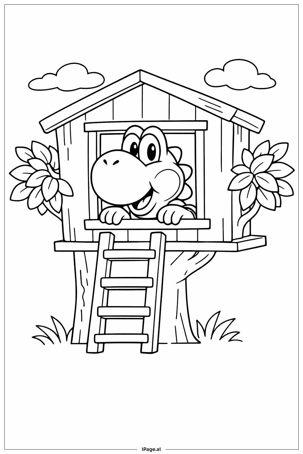 Página para colorear de Yoshi en la casa del árbol