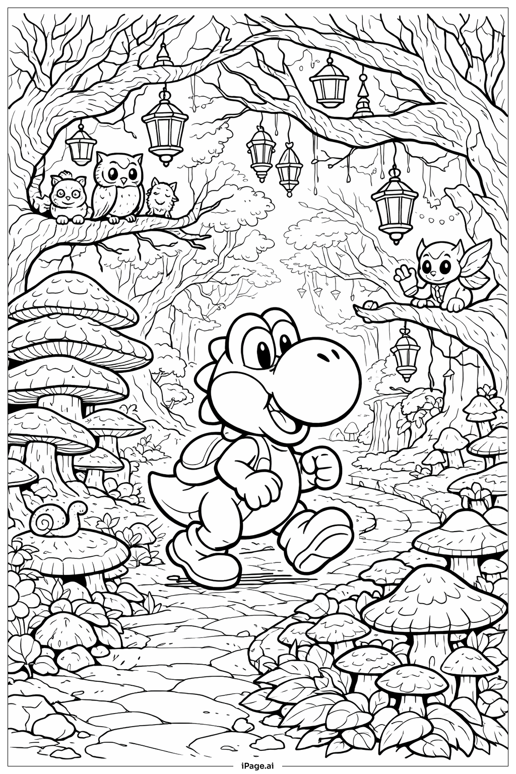 Página para colorear de El viaje mágico de Yoshi en el bosque