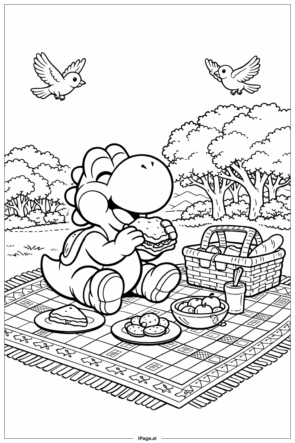  ヨッシーのピクニックシーンの塗り絵ページ 