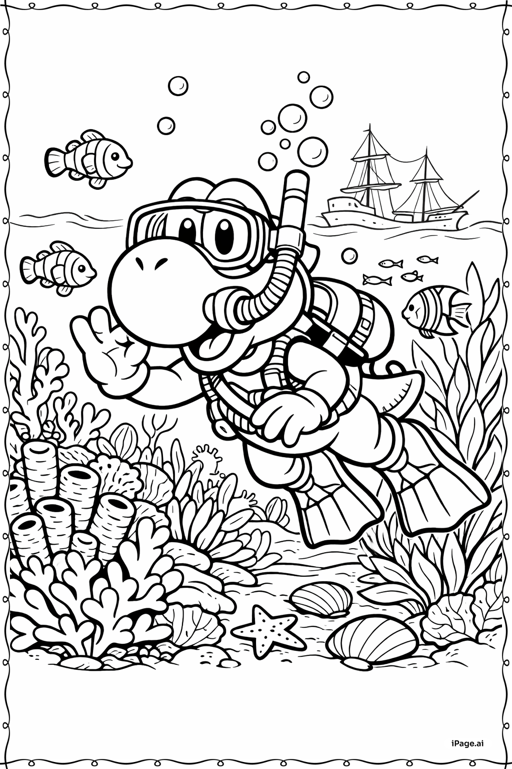  ヨッシーの水中の冒険の塗り絵ページ 