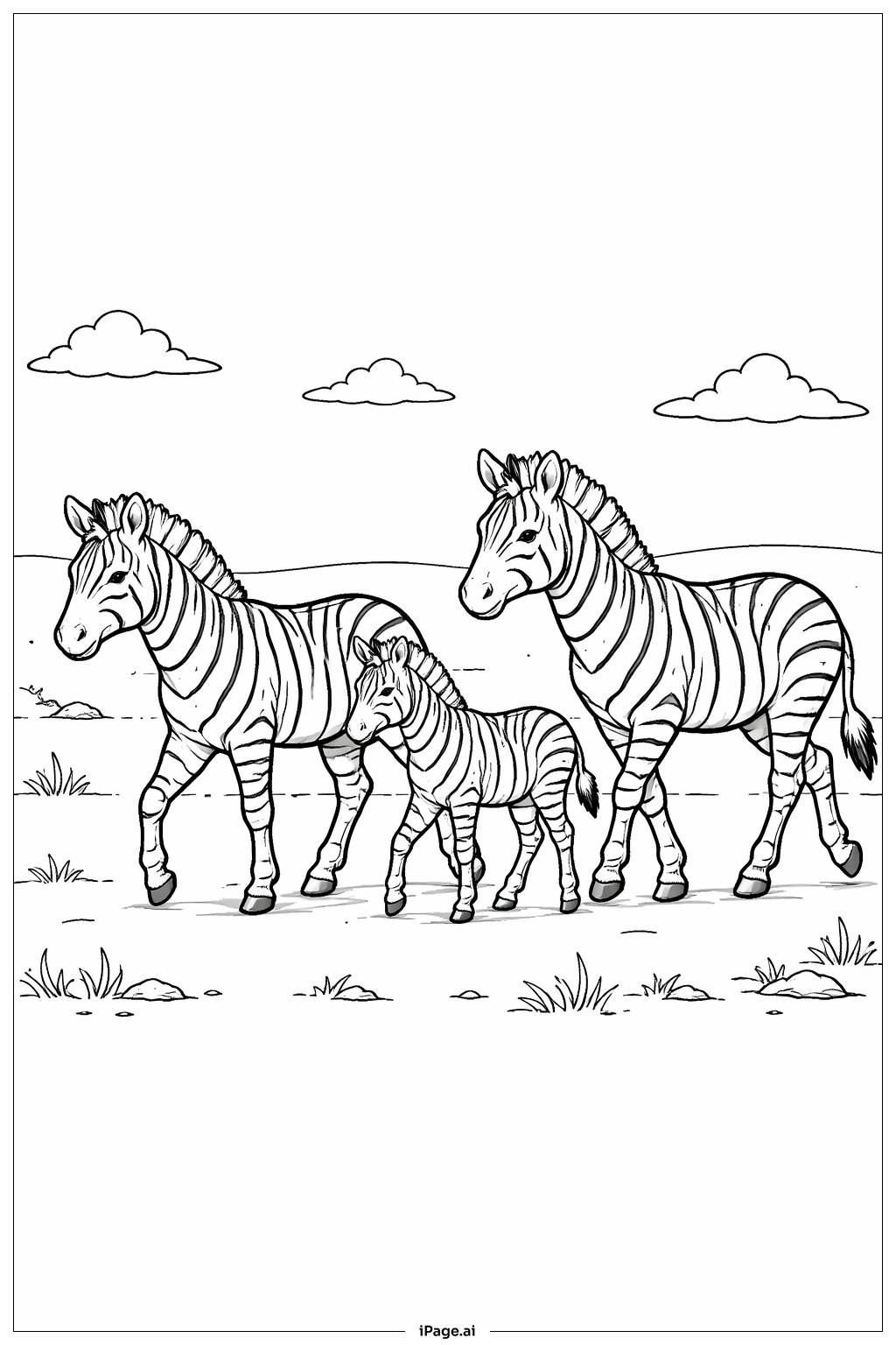 Trang tô màu Gia đình ngựa vằn đi bộ