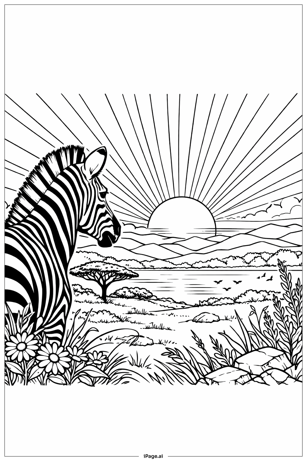 Trang tô màu Ngựa vằn nhìn hoàng hôn