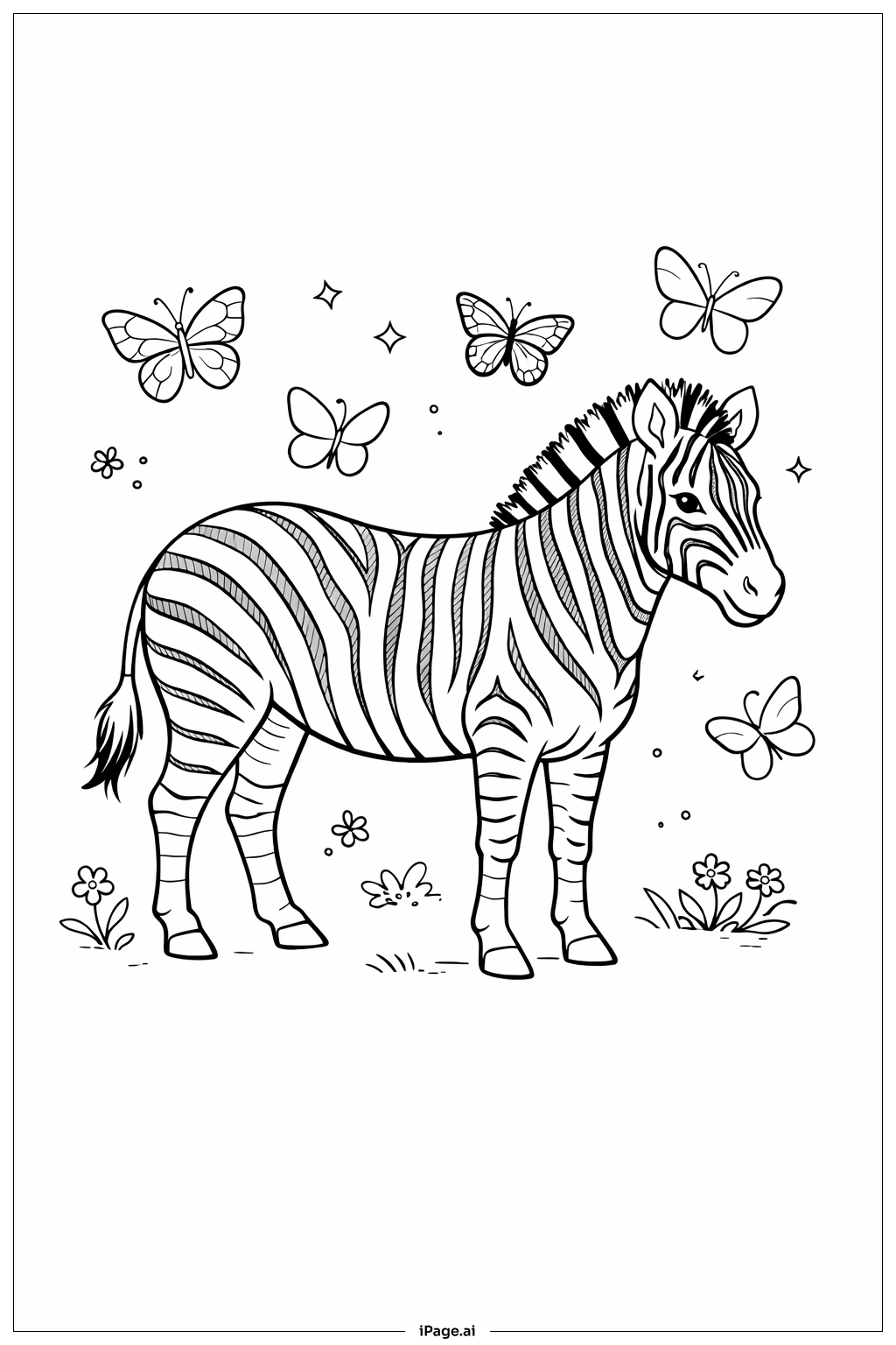 Trang tô màu Ngựa Vằn Với Những Con Bướm