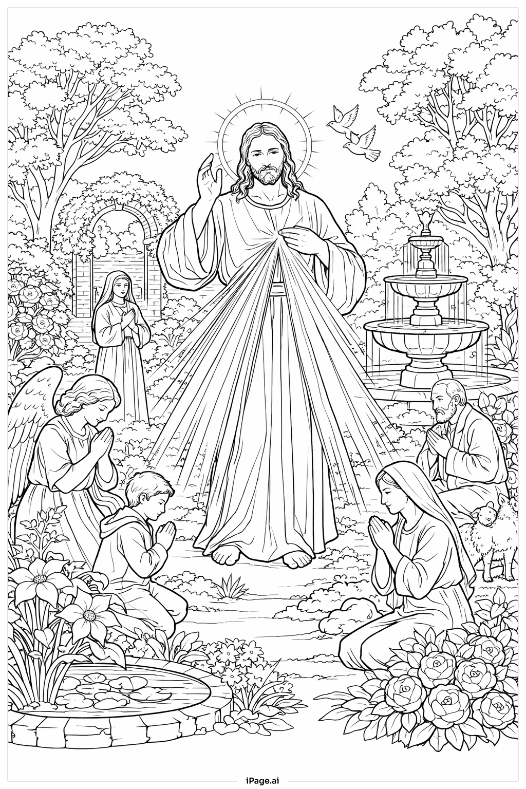 神の慈悲の庭 塗り絵ページ（無料のPDF＆PNGプリント）