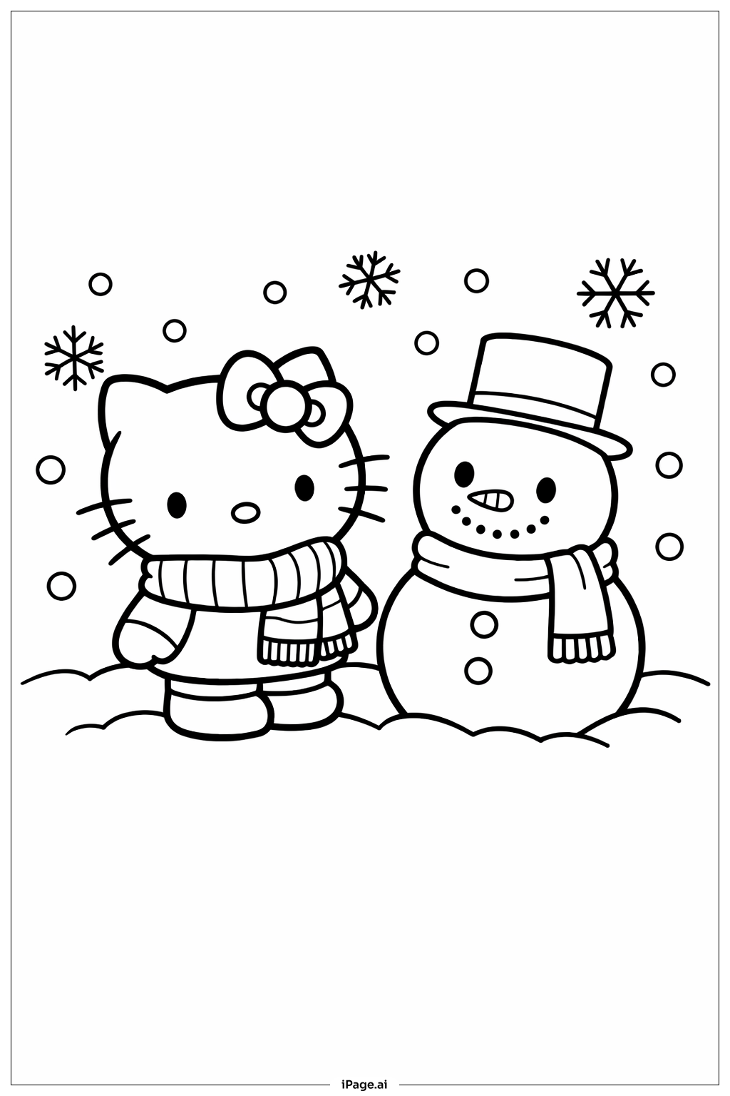 雪の中のハローキティ 塗り絵ページ（無料のPDF＆PNGプリント）