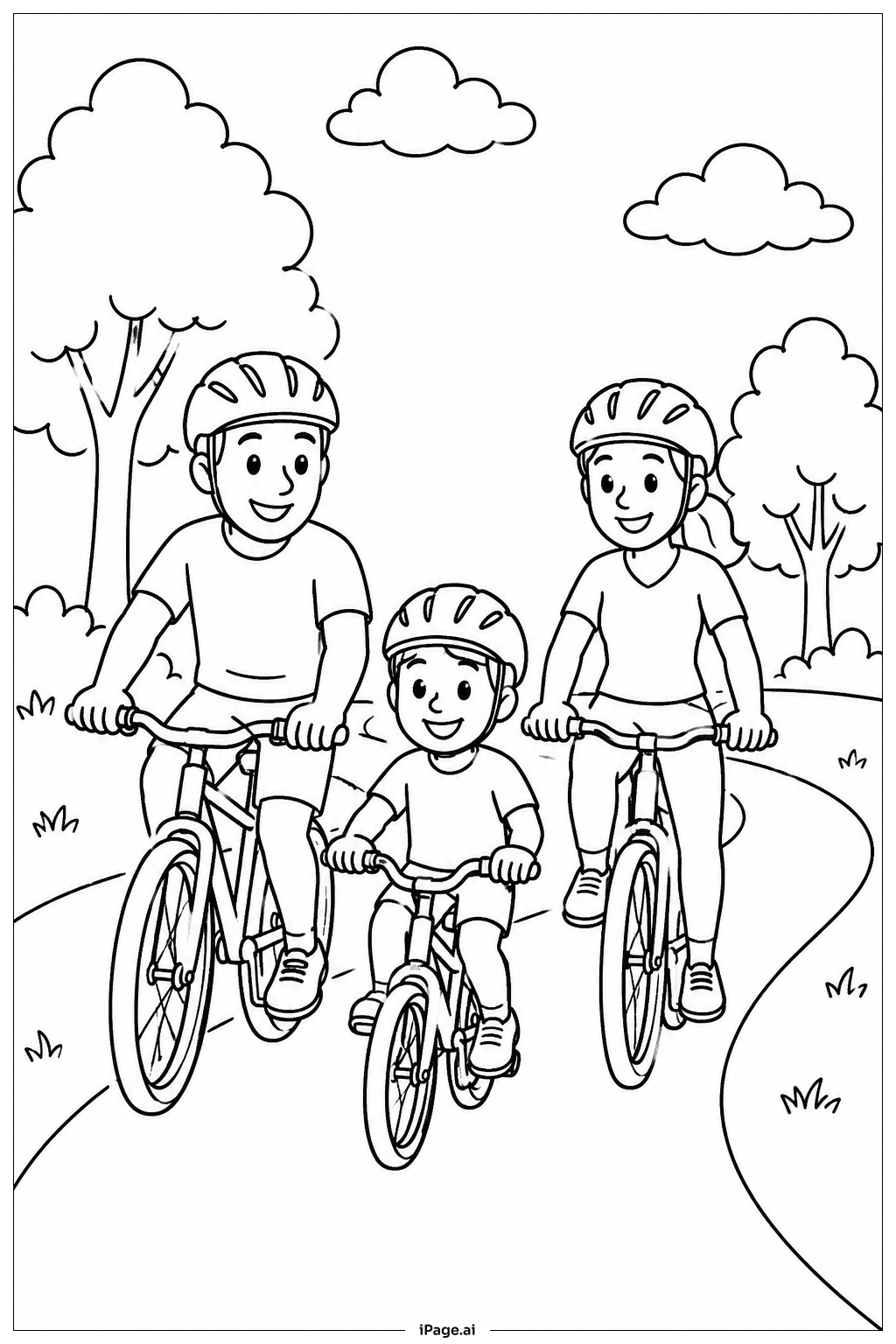 6月の家族の自転車散歩 塗り絵ページ（無料のPDF＆PNGプリント）