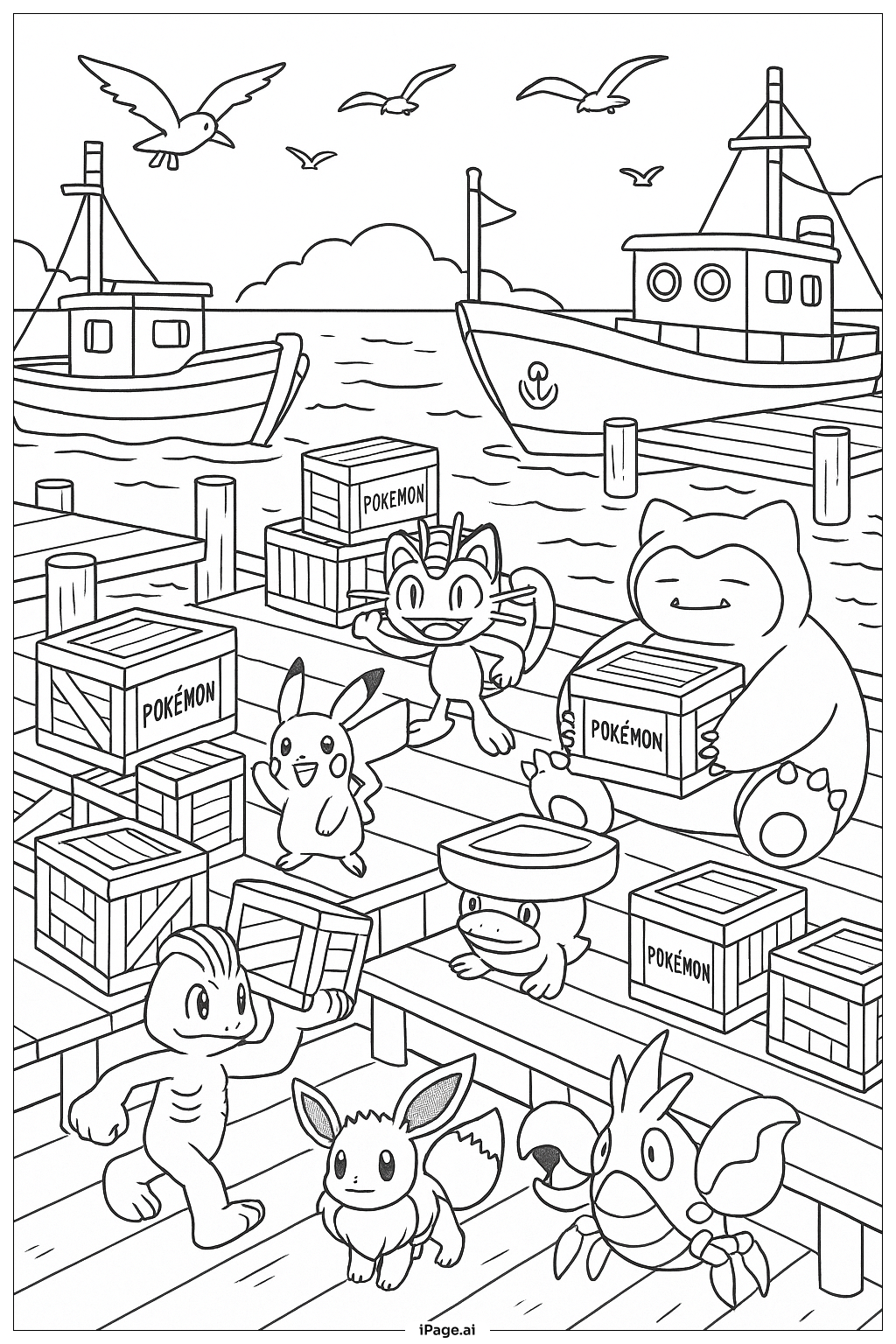 ポケモンの港の風景 塗り絵ページ（無料のPDF＆PNGプリント）