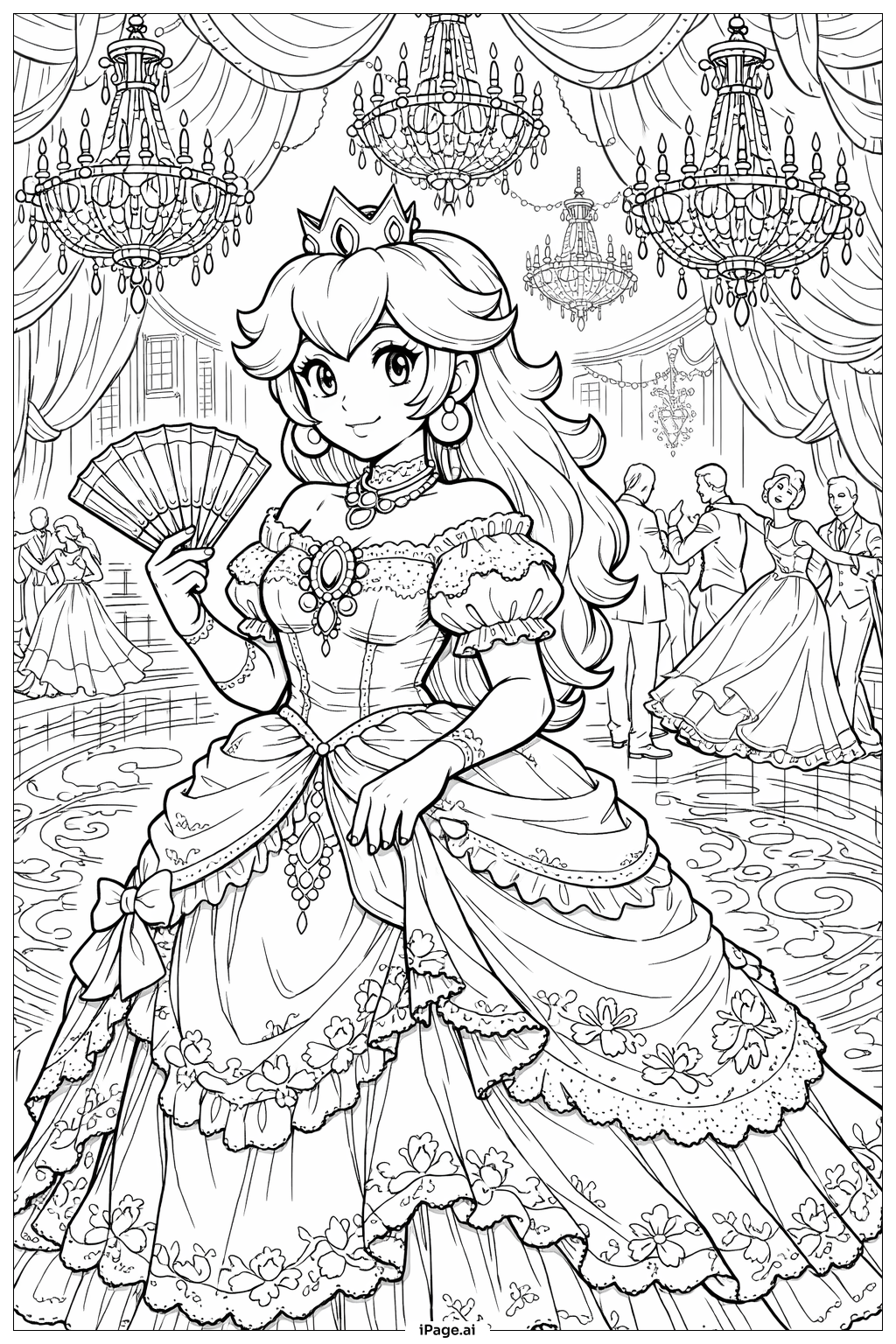 ピーチ姫のイブニングボールのシーン 塗り絵ページ（無料のPDF＆PNG